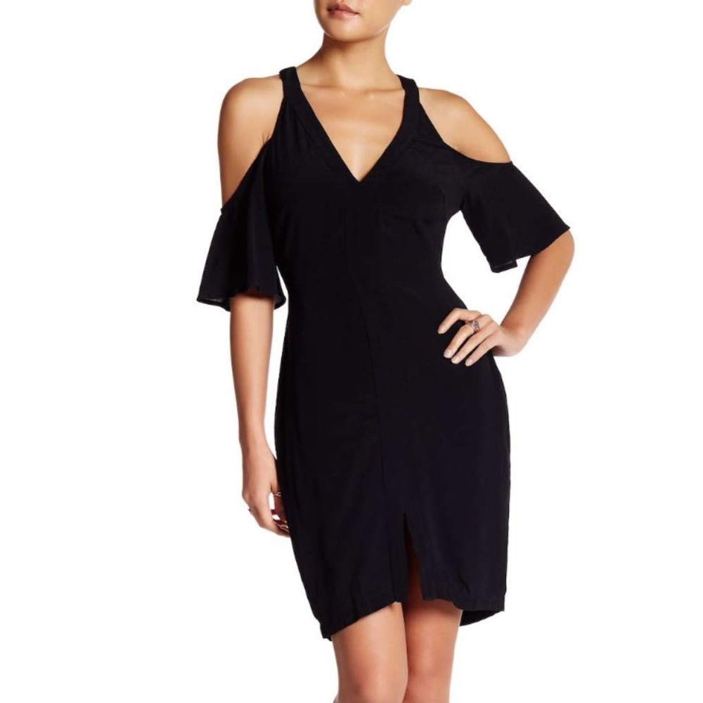 ASTR Cold Shoulder V-Neck Silk-Blend Dress